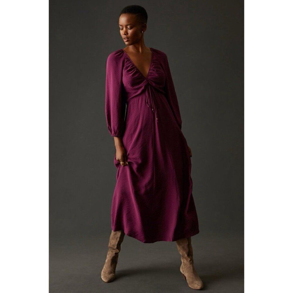 NWT ANTHROPOLOGIE Sz 10 DEEP-V RUCHED MIDI DRESS RASPBERRY